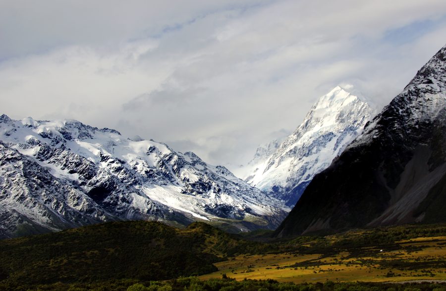 Aoraki/Mount Cook with snow-covered peaks in the Southern Alps on New Zealand's South Island.