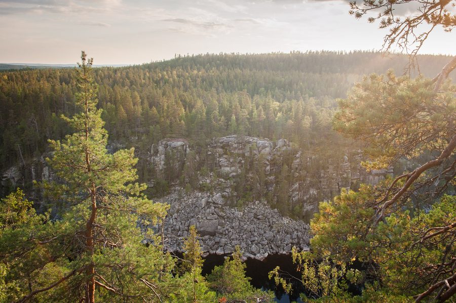 A lake in Karelia bordered by forest and northern landscape.