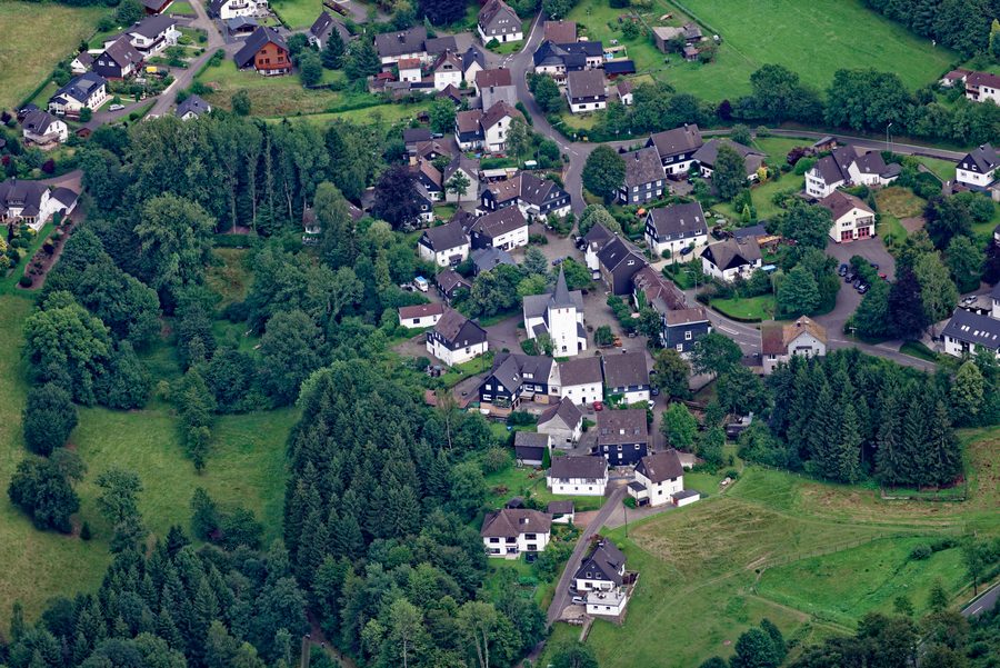 Aerial view of the Gummersbach district of Lieberhausen with the Bunten Kerke in North Rhine-Westphalia