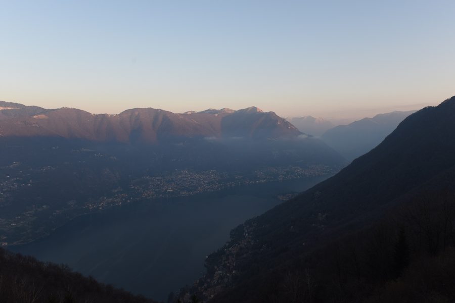 Sunrise over Lake Como in front of the foothills of the Alps