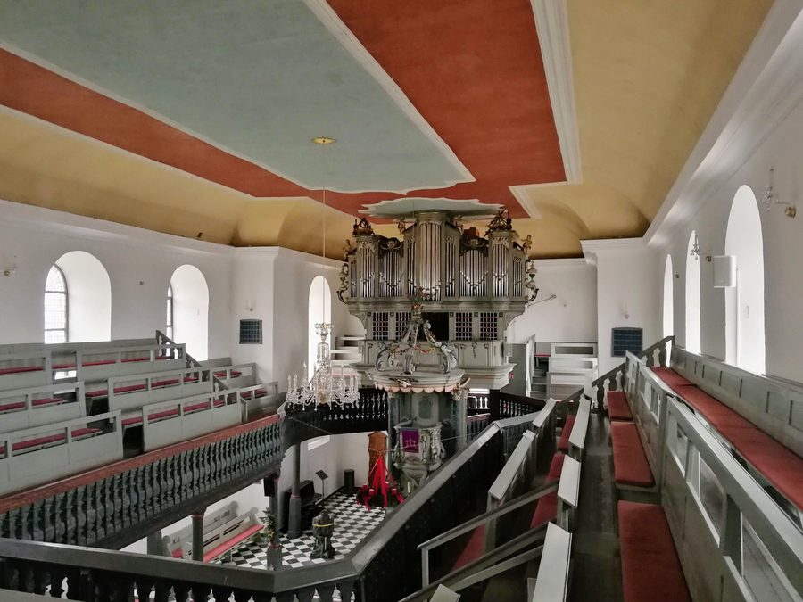 Interior of the Evangelical Church in Eckenhagen with a historic organ