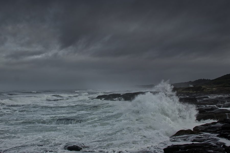 Rocky Pacific coastline near Yachats, Oregon, on a stormy day