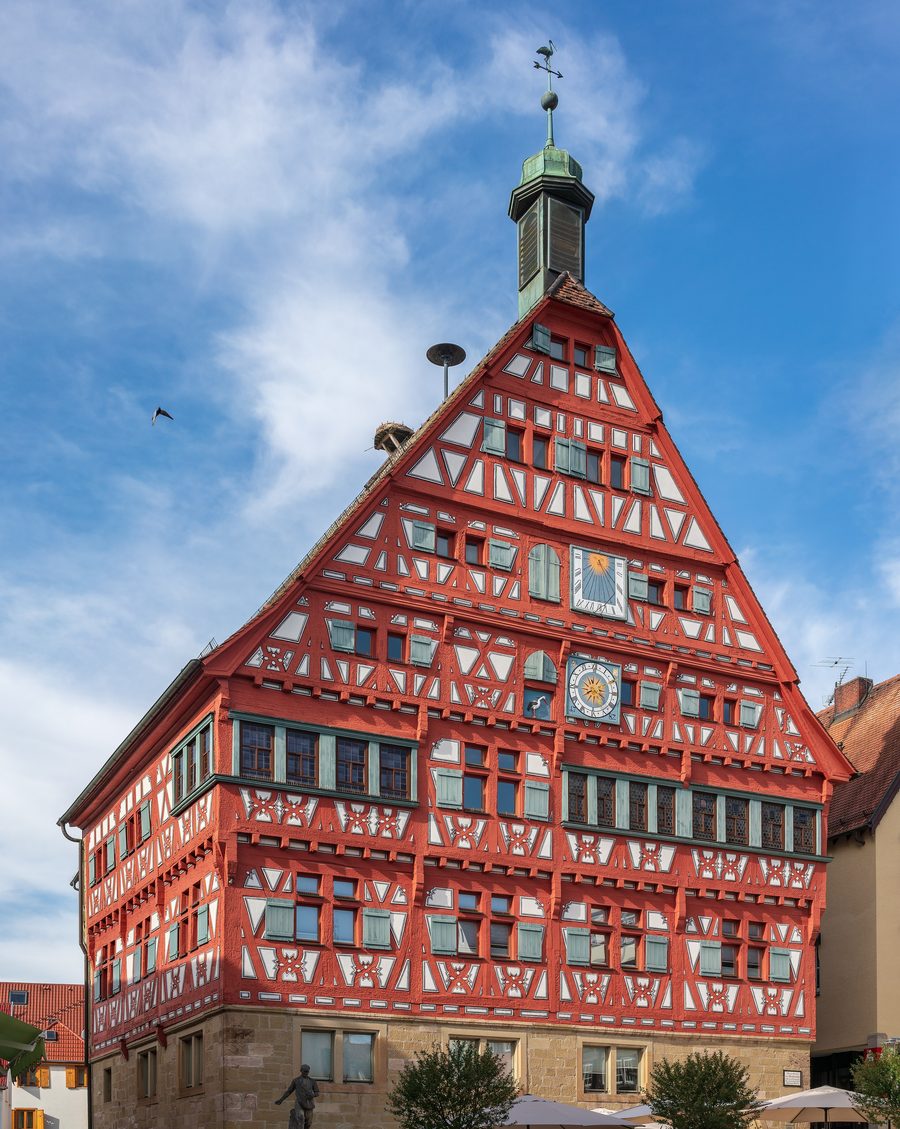 Historic town hall of Großbottwar with richly designed half-timbered facade on the market square