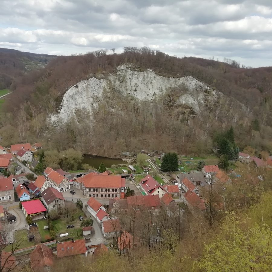 Gypsum karst cliff of the Hoher Kopf near Questenberg with the Totensumpf