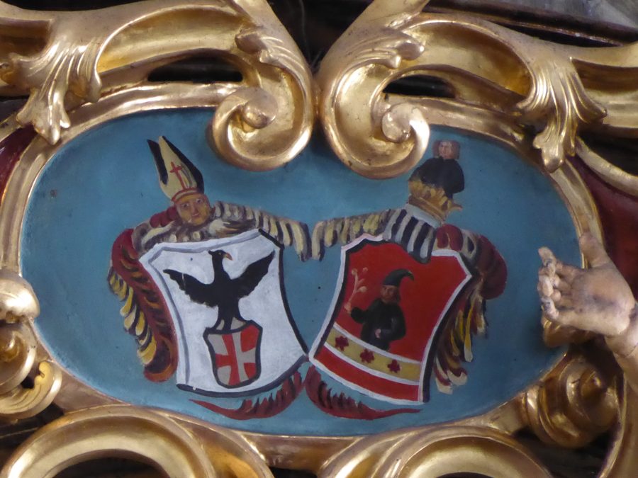 Detail of the parish church of St. Florian in Wösendorf with the coat of arms of Provost Johann Födermayr on the high altar