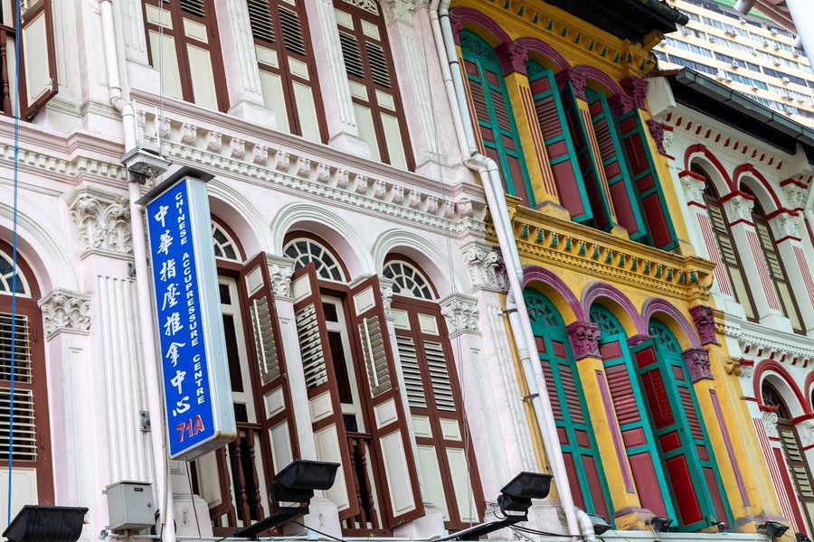 Pagoda Street in historic Chinatown in Singapore with colourful shophouses
