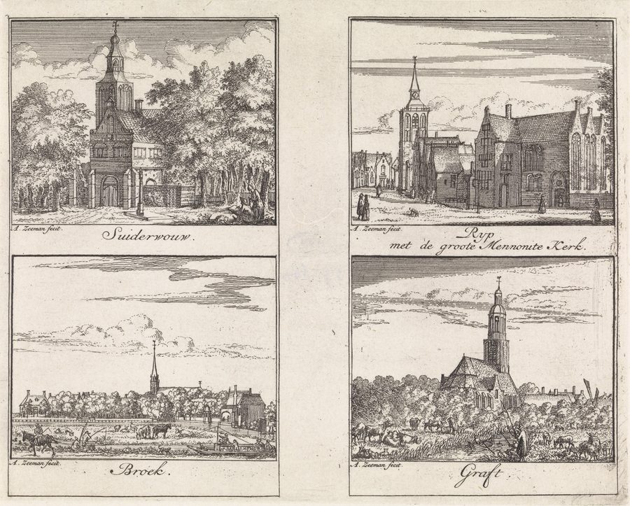 Historic view of Zuiderwoude with the village church
