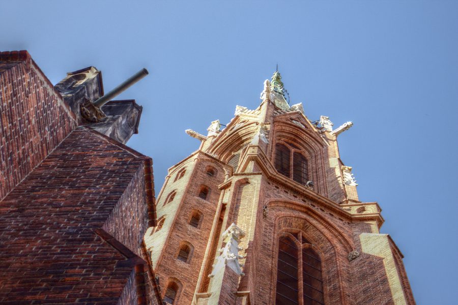 Main tower of the Assumption of the Virgin Mary Church in Bielawa, Poland