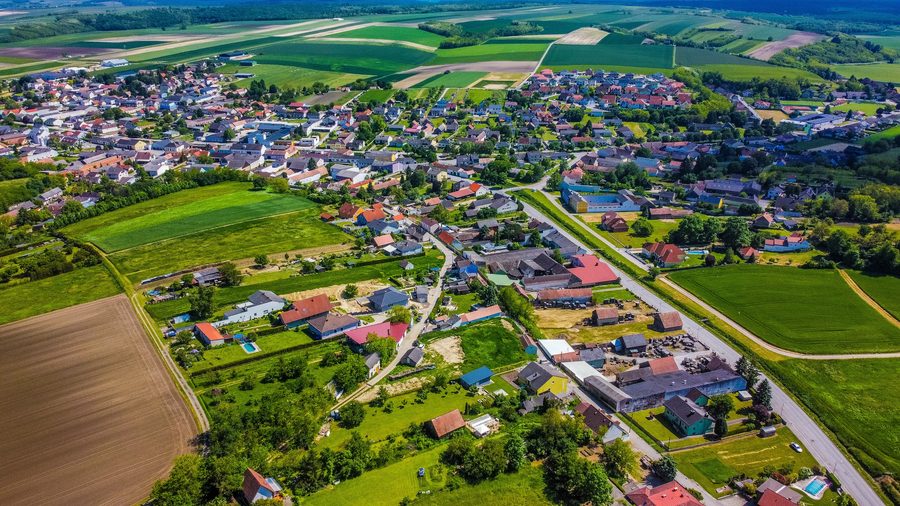 Aerial view of the market town of Spannberg in Lower Austria's Weinviertel