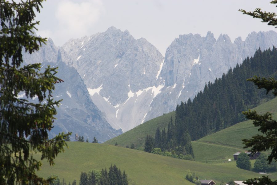 View from the Silleralm of the mountain massif of the Wilder Kaiser in Tyrol.