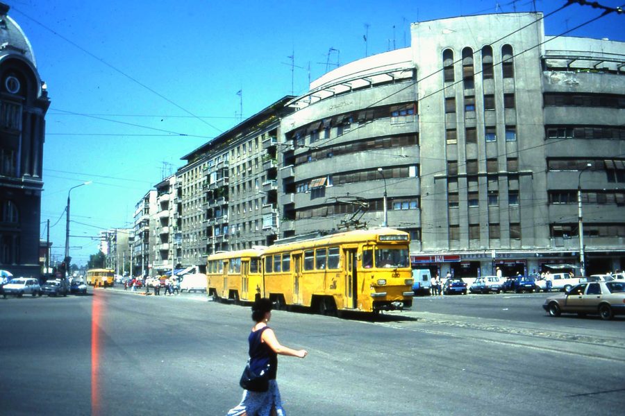Modernist architecture on Calea Griviței in Bucharest with a tram