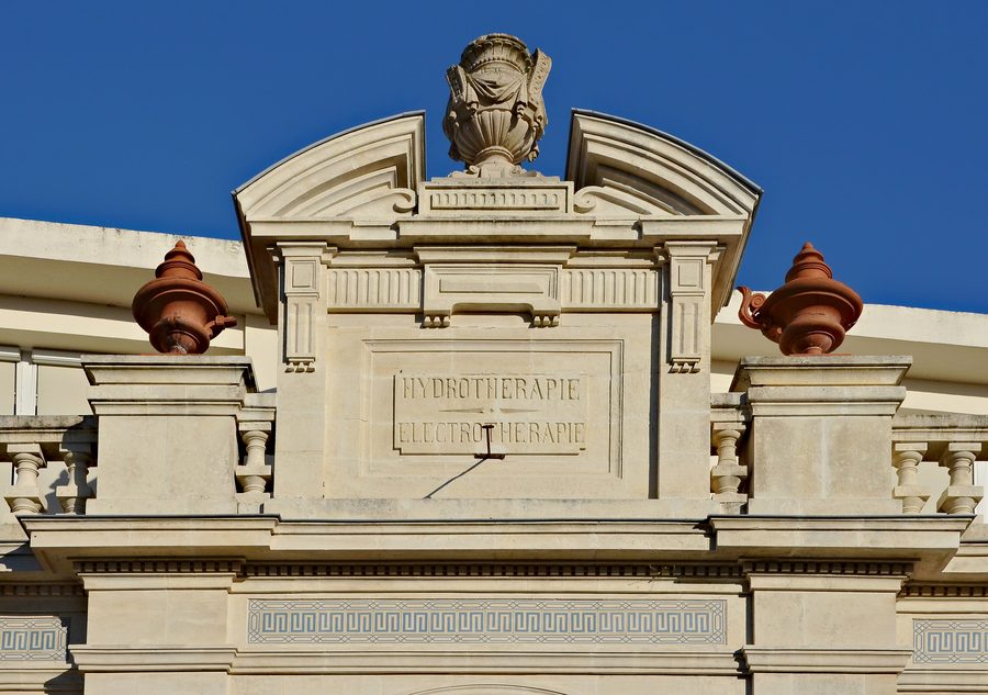 Fronton of the Hippocrate thermal center in Saujon, Charente-Maritime, France