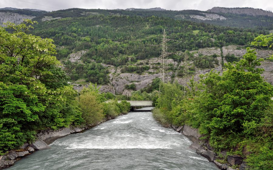 The Plessur near Chur with a bridge in the background.