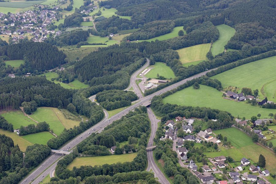 Aerial view of the Drolshagen urban area with Wegeringhausen junction, Germinghausen and Schreibershof