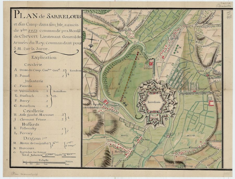 Historical plan of the fortress of Saarlouis and its surroundings from 1753