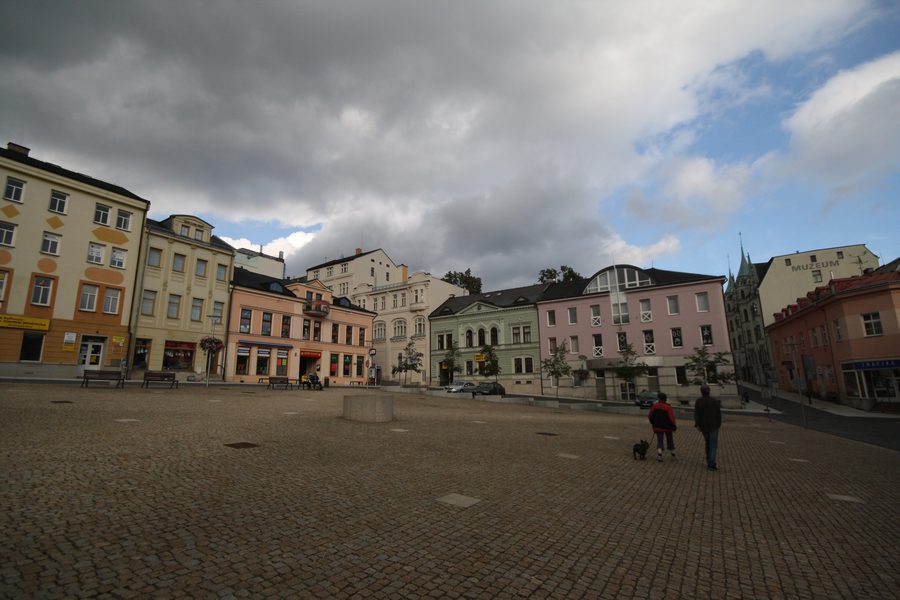 Dolnà náměstà in Jablonec nad Nisou with urban buildings.