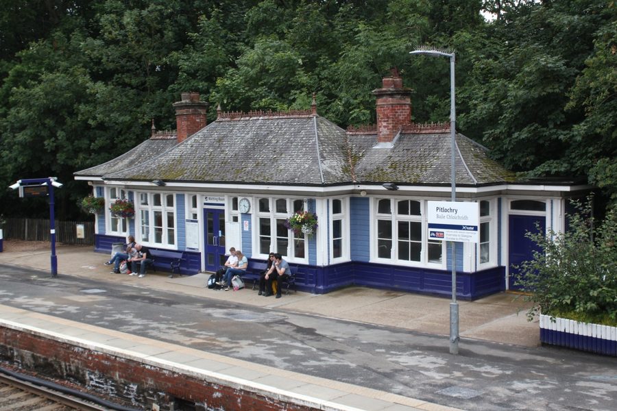Pitlochry railway station platform with its Victorian wooden chalet waiting room
