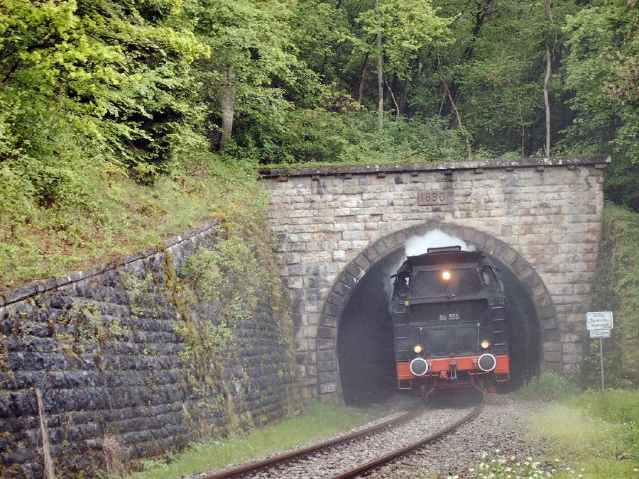 Train of the Wutach Valley Railway leaving the Stockhalde loop tunnel