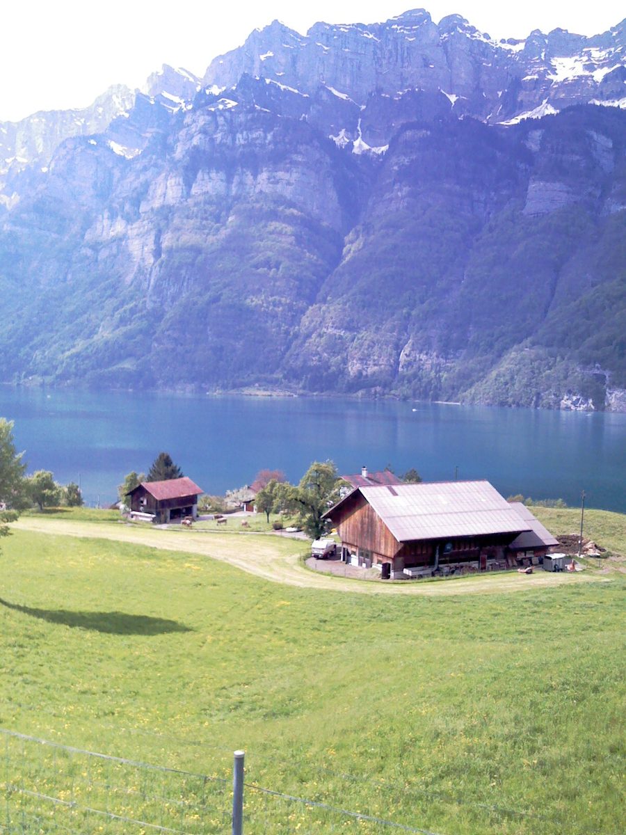 View over Walensee near Unterterzen with mountains in the background.