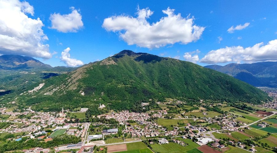 Aerial view of the municipality of Santorso at the foot of Monte Summano