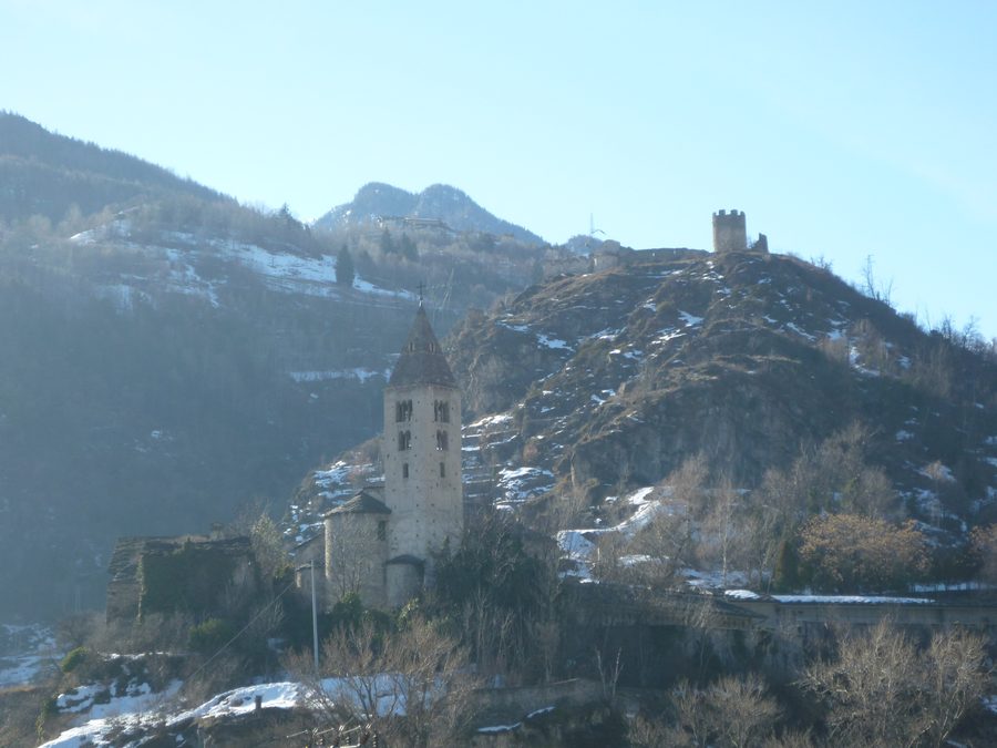 Châtel-Argent and church in Villeneuve in the Aosta Valley
