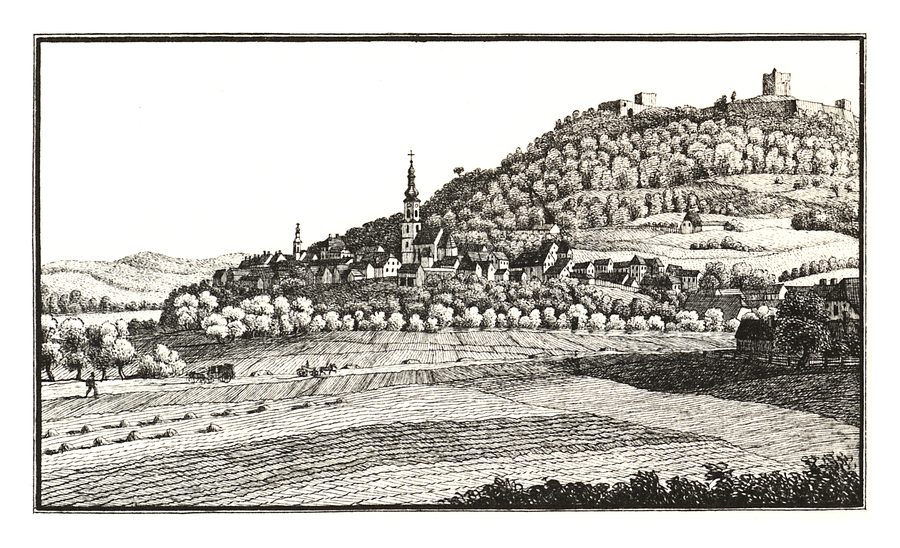Historical view of Wildon with the ruins of Oberwildon on the Schlossberg