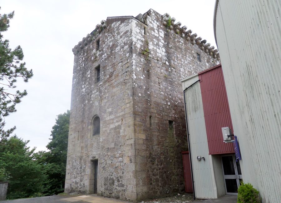 Mearns Castle tower and Maxwell Mearns Castle Church in East Renfrewshire, Scotland