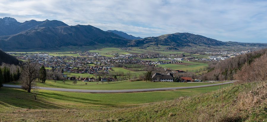 View over Micheldorf and Kirchdorf an der Krems in the rolling hills of Upper Austria