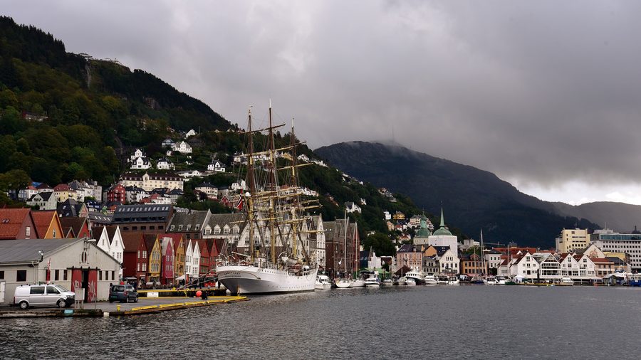 The historic wooden houses of Bryggen on the VÃ¥gen harbor basin in Bergen.