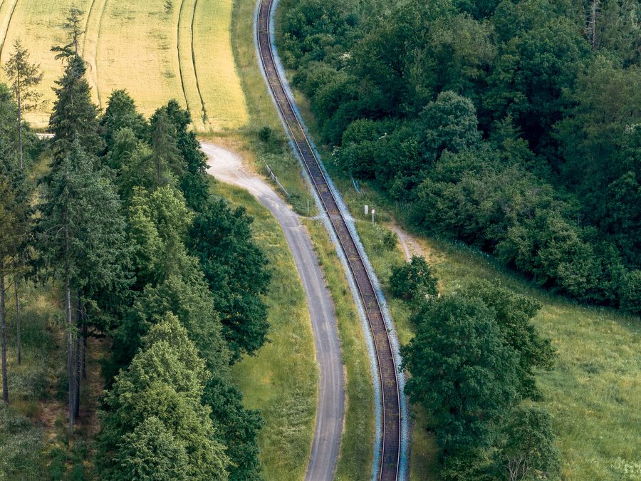 Aerial view of the railway line between Baunach and Reckendorf in Upper Franconia