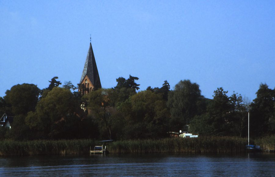 View from Lake Jabel to the village church of Jabel
