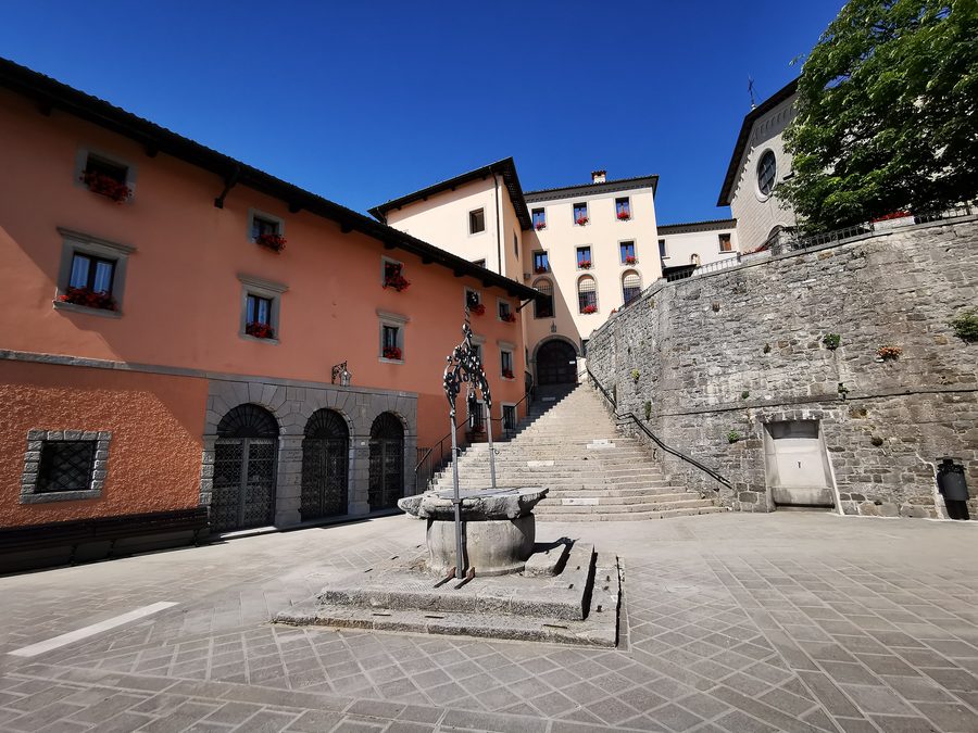 Exterior view of the Santuario di Castelmonte on the ridge near Castelmonte