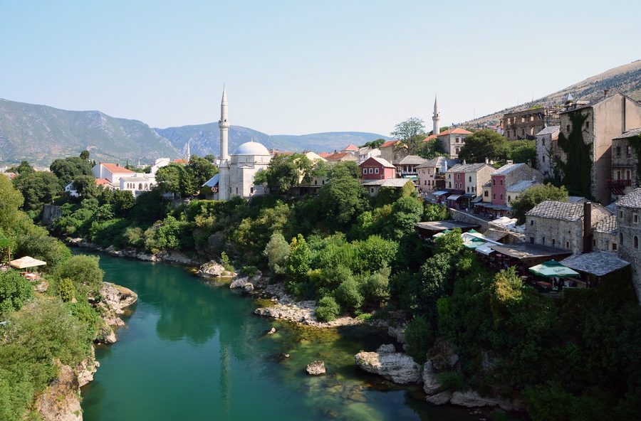 The Neretva with a city view of Mostar and a historic old-town setting