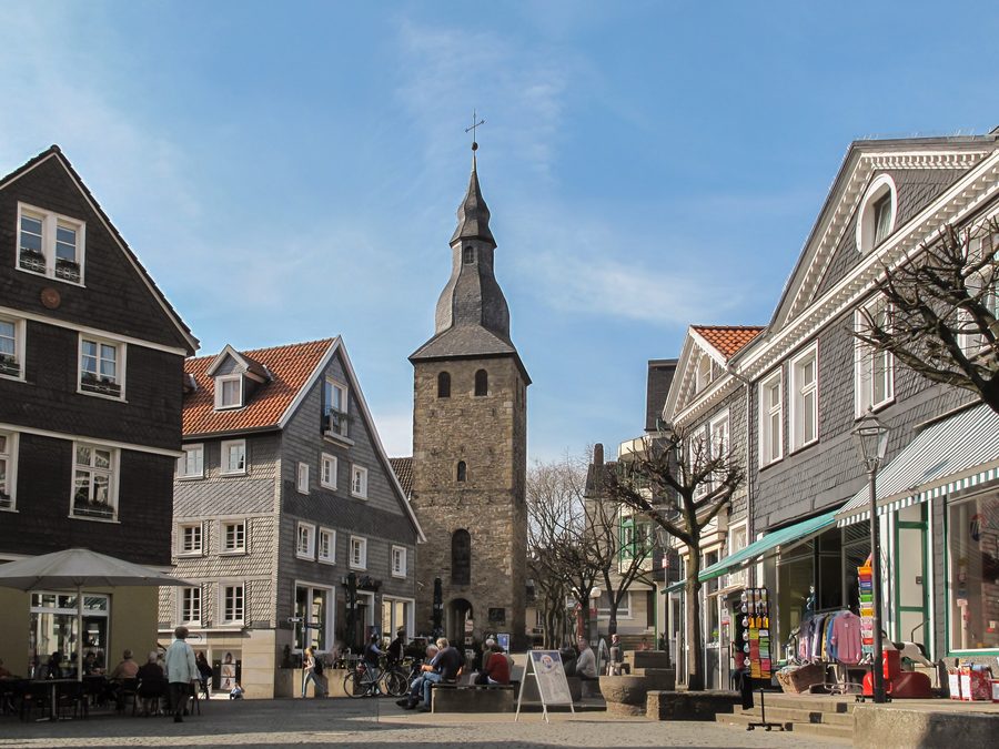 Street view in Hattingen with bell tower