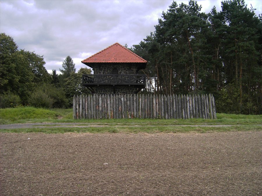 Reconstructed Roman watchtower on the Limes near Grüningen with rampart and ditch