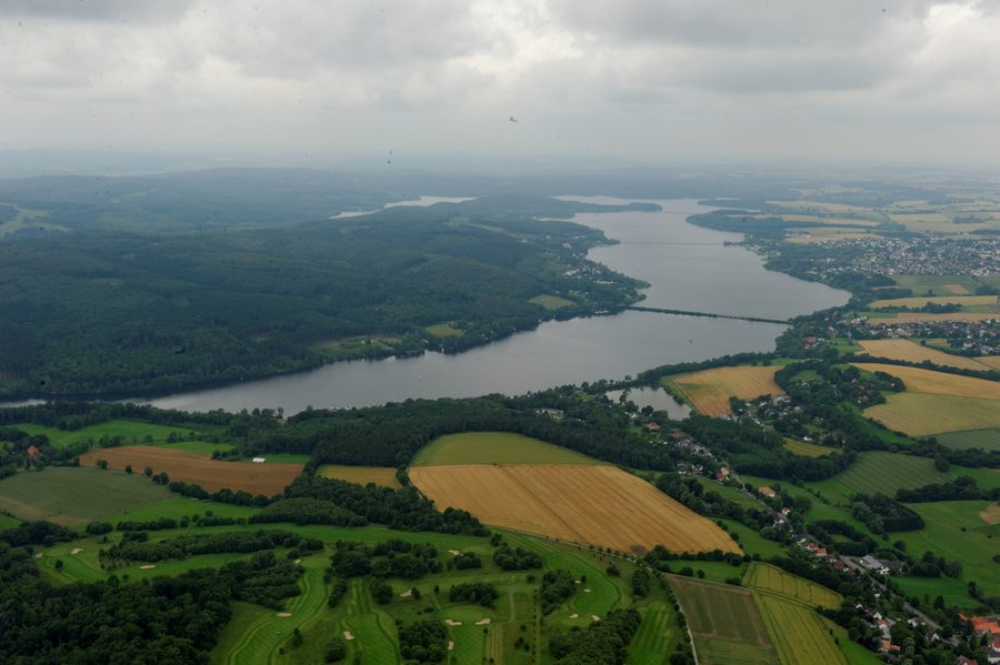 Aerial view of Möhnesee with Wamel and the surrounding landscape