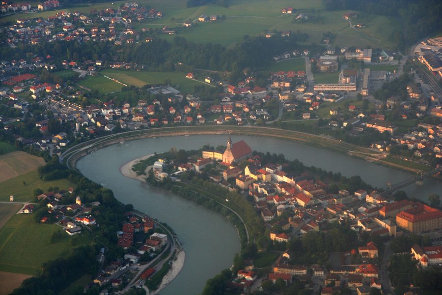 Aerial view of Laufen and Oberndorf near Salzburg on the Salzach
