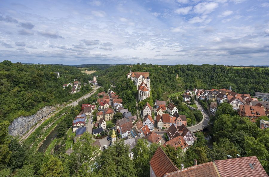 Historic old town of Haigerloch with castle and castle church in an Eyach loop