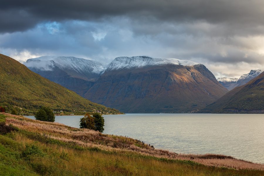 Shore of Kåfjord and the mountain Isfjellet near Olderdalen in Kåfjord