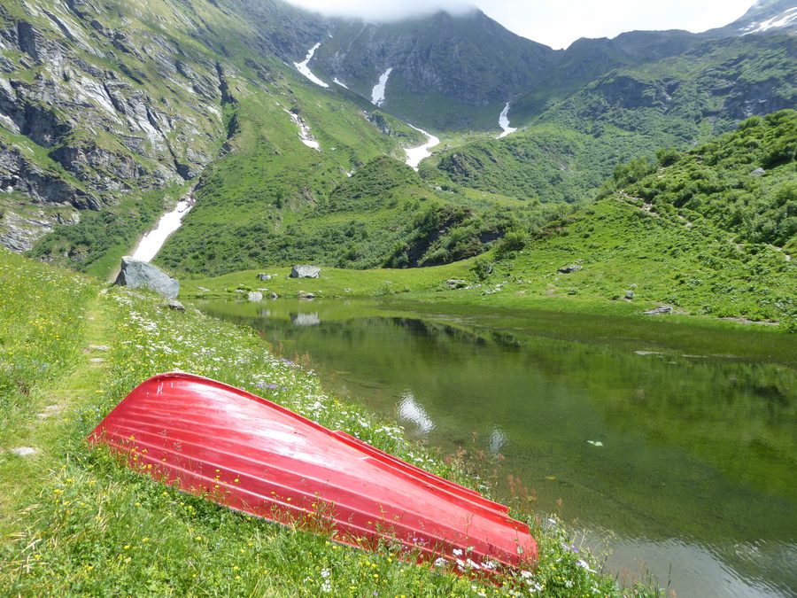 Alpe Campo di Alagna Valsesia with a small lake and Monte Rosa in the background