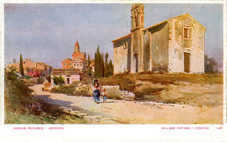 Historical depiction of the village of Potamos on Corfu
