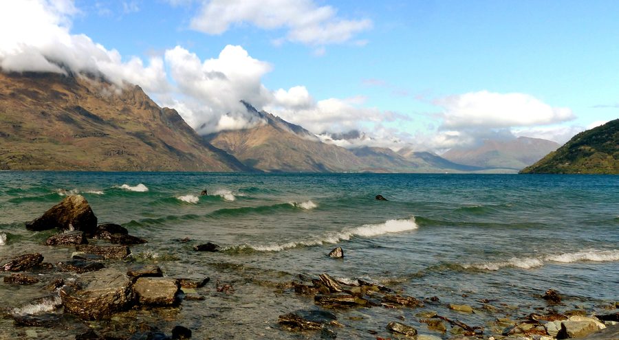 Lake Wakatipu with high mountains in New Zealand