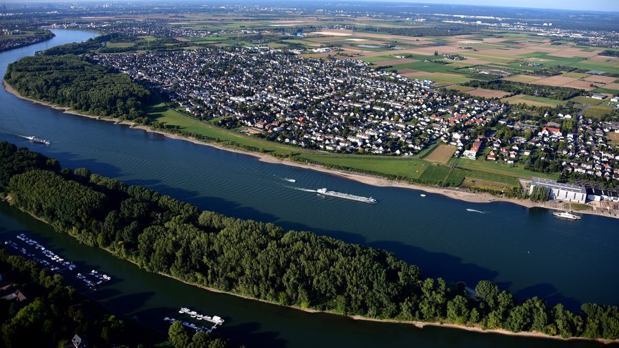 Aerial view of the Rhine island Herseler Werth on the Rhine