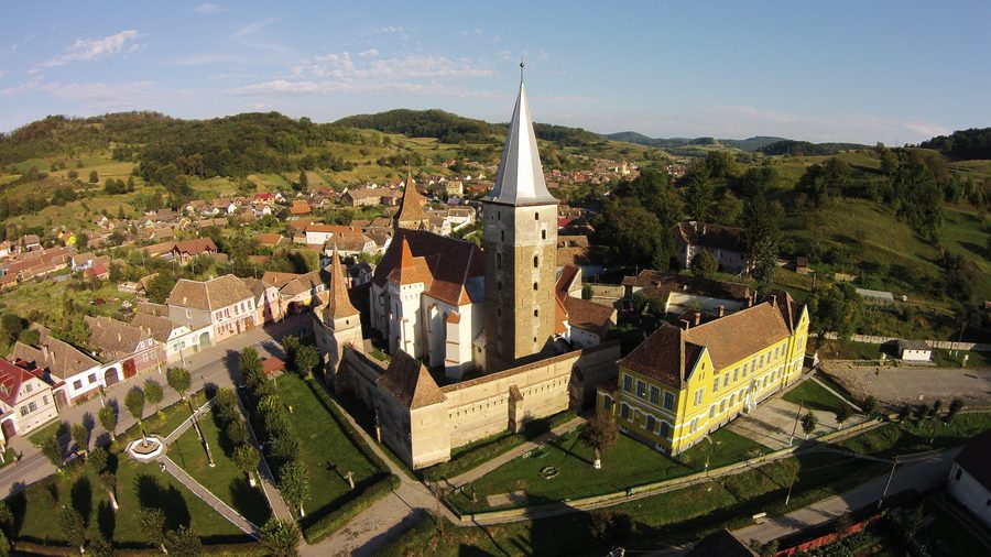 Aerial view of the Evangelical fortified church of Moșna in Transylvania