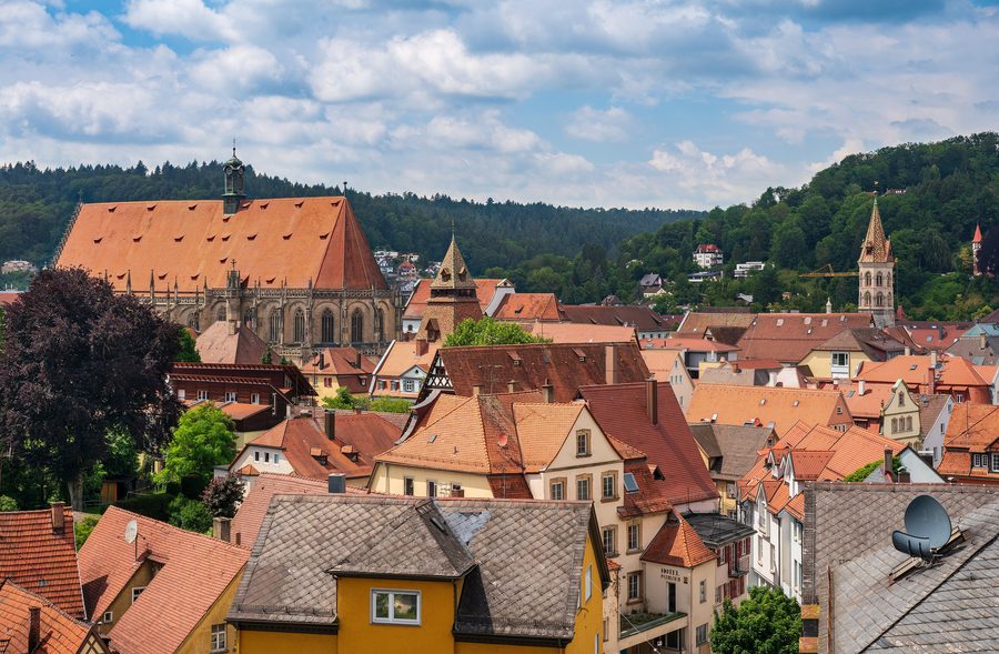 View from the Zeiselberg of the historic old town of Schwäbisch Gmünd with the Heilig-Kreuz-Münster, Johanniskirche, and market square