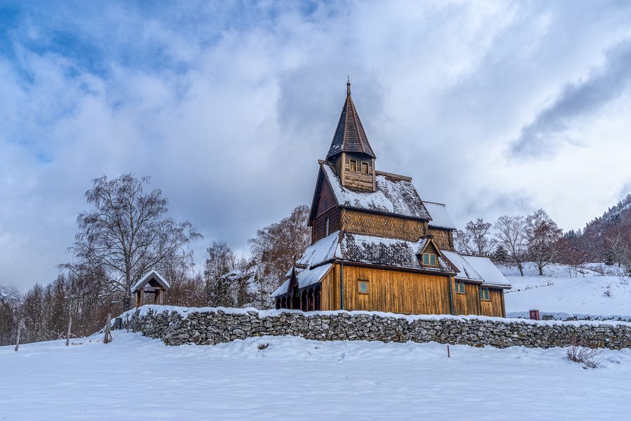Exterior view of the historic Urnes Stave Church in Ornes on the Lustrafjord