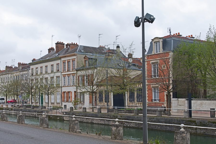 Historic buildings along Quai des Comtes de Champagne in Troyes, Aube, France