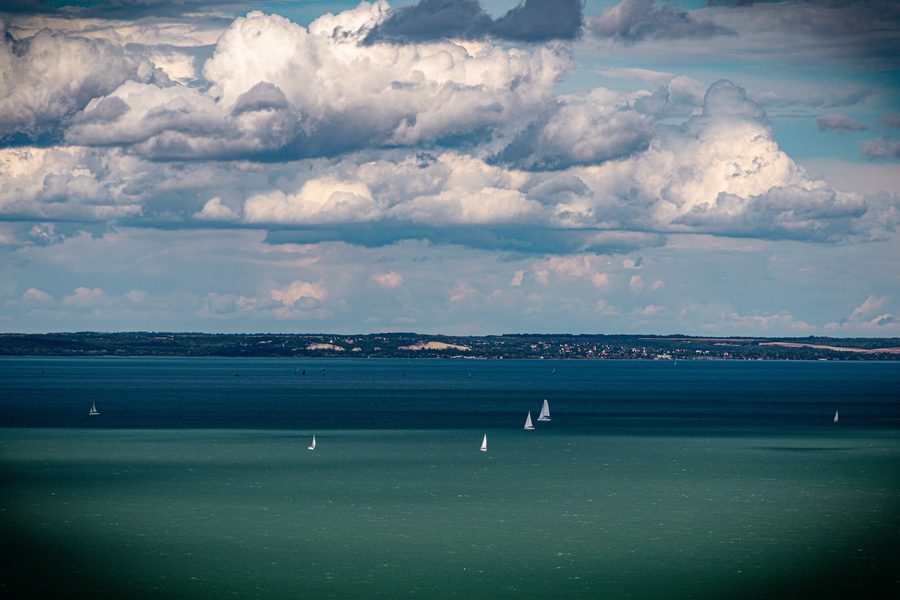 Sailboats on Lake Balaton in the Veszprém region, Hungary.