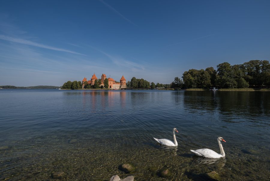 Trakai Island Castle stands on an island in Lake GalvÄ— in Lithuania.