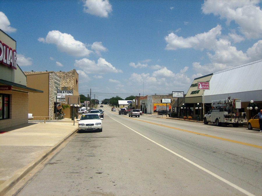 Downtown Goldthwaite, Texas, with the main street and local shops